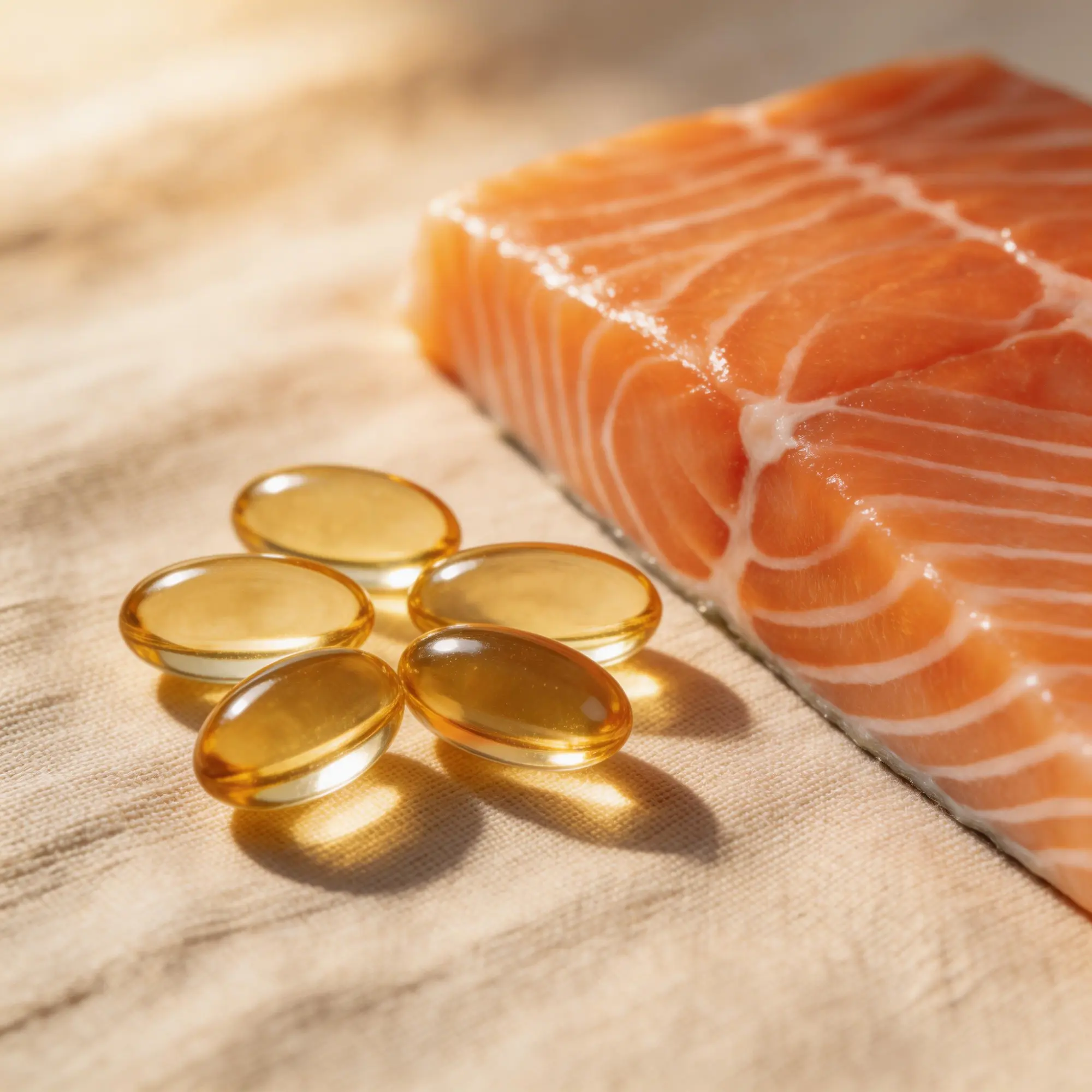 Omega-3 Fish Oil capsules and natural fatty fish sources