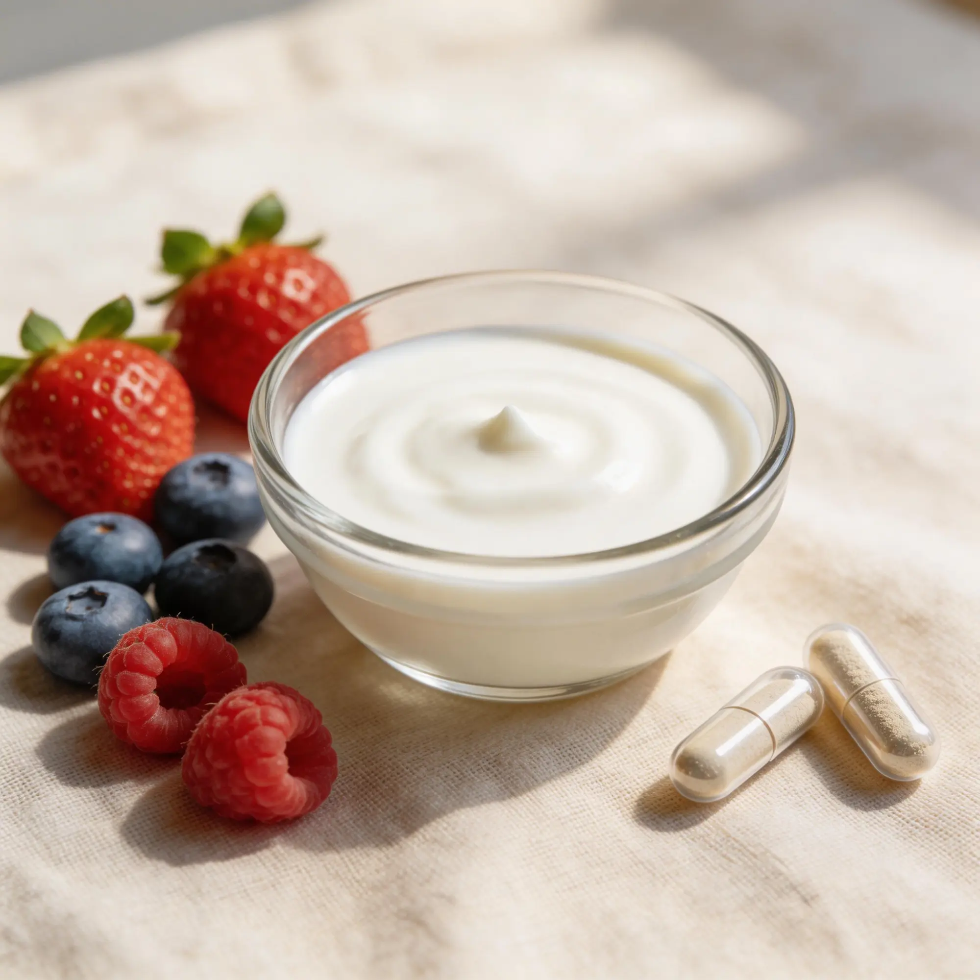 Probiotic capsules, yogurt, and fermented foods with healthy gut bacteria